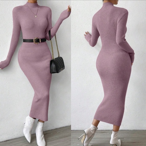 Sexy mock neck ribbed long sleeve bodycon fitted maxi sweater dress - Picture 10 of 16